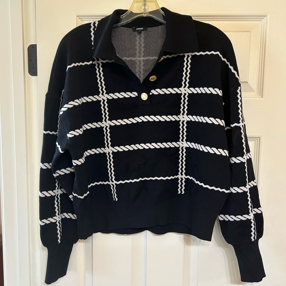Express Black and White Crew Neck Sweater with Geometric Design